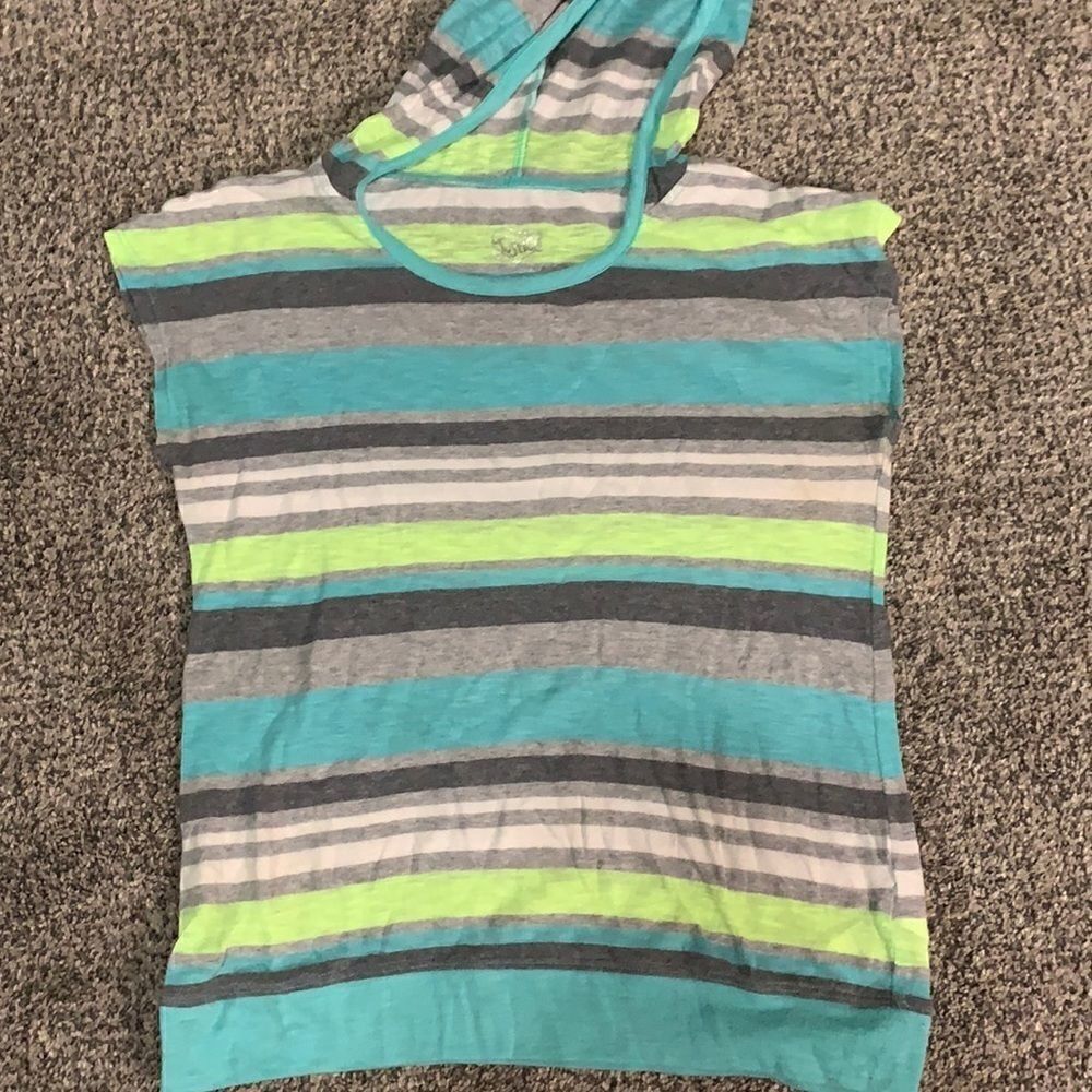 Justice Blue Lime Gray Striped Hoodie Short Sleeved Top - 12
